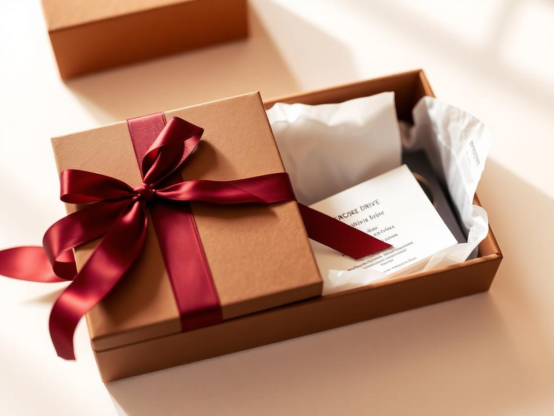 A keepsake box tied with burgundy ribbon holding a labeled drive and printed index card