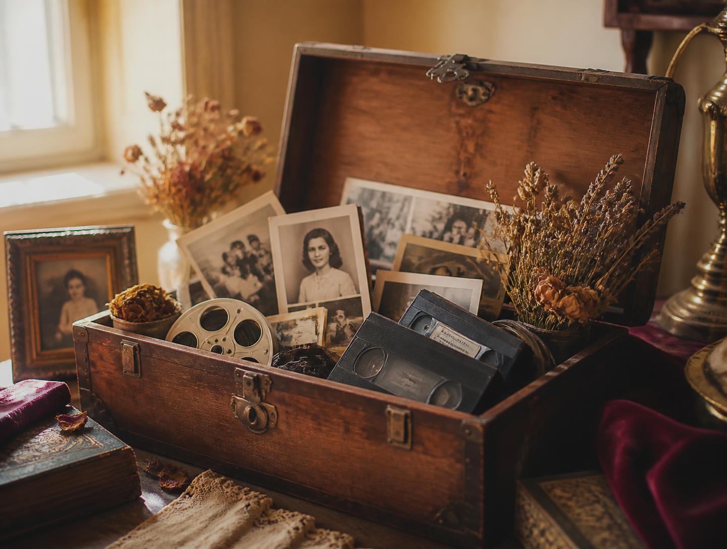 An open wooden memory chest holding family photographs, tapes and keepsakes