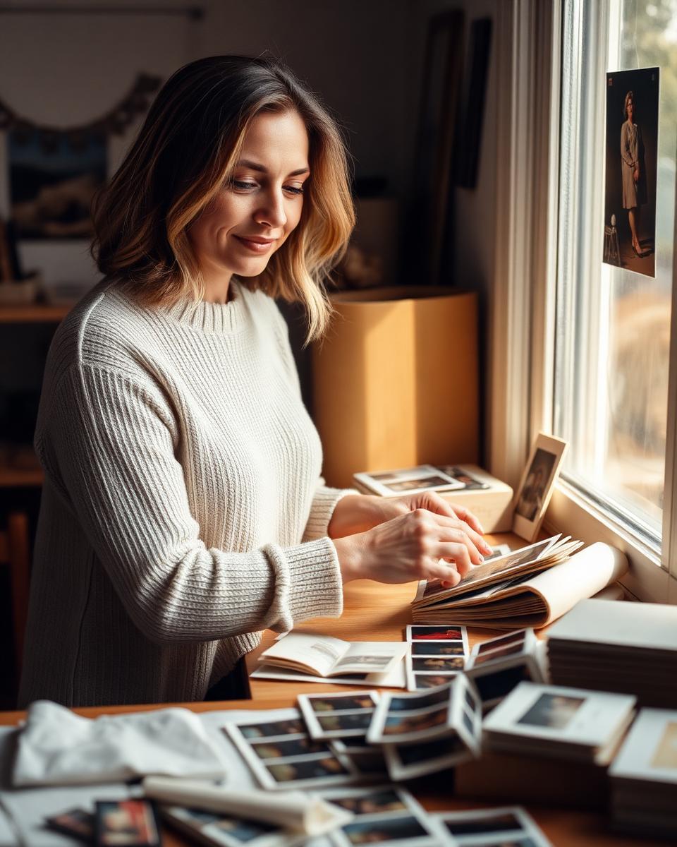 Lindsay at her worktable surrounded by family photographs and tapes