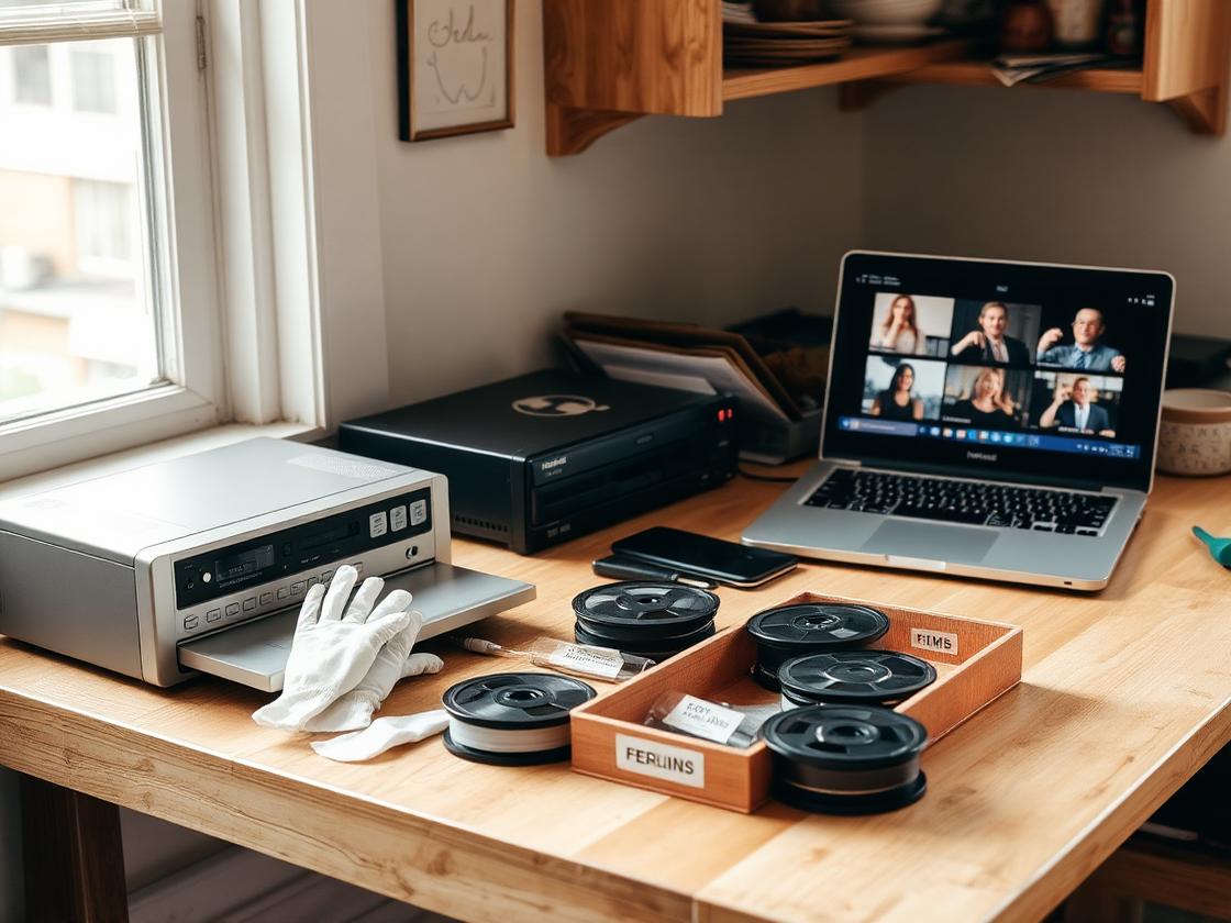 A tidy preservation workbench with a tape deck, scanner and labeled trays
